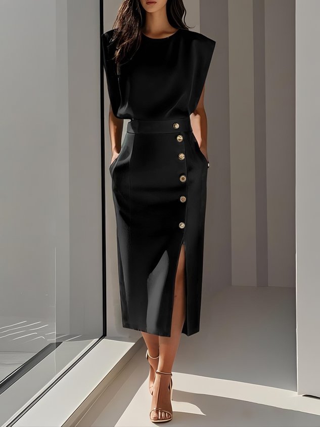 Phoebe | Vestito midi senza maniche da donna con bottoni