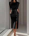 Phoebe | Vestito midi senza maniche da donna con bottoni