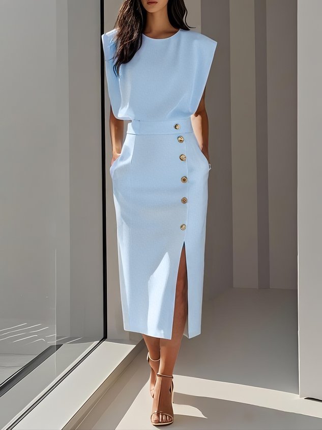 Phoebe | Vestito midi senza maniche da donna con bottoni