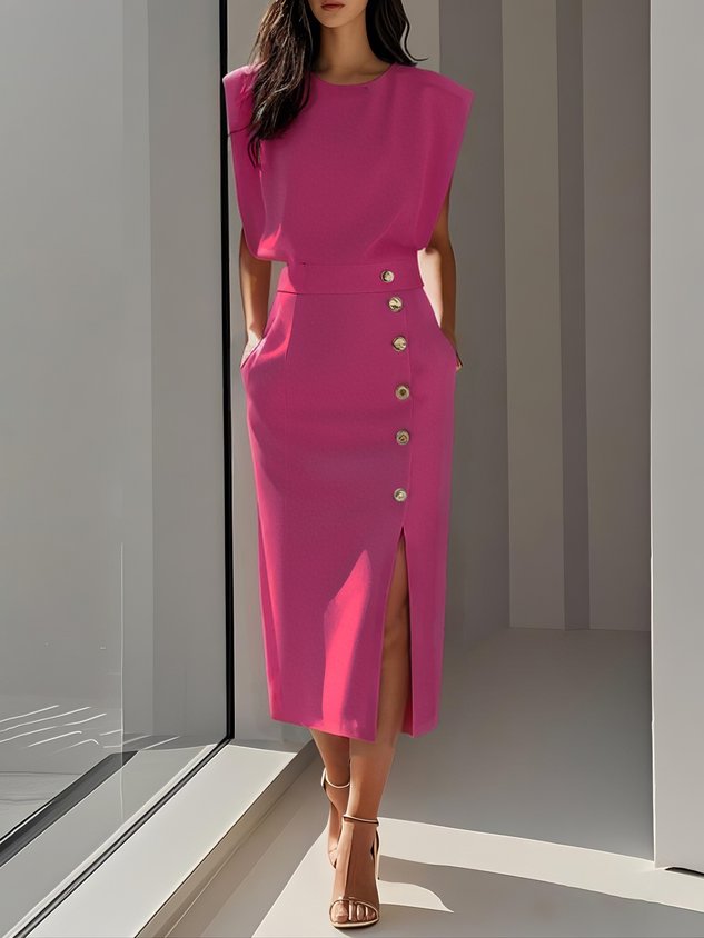Phoebe | Vestito midi senza maniche da donna con bottoni