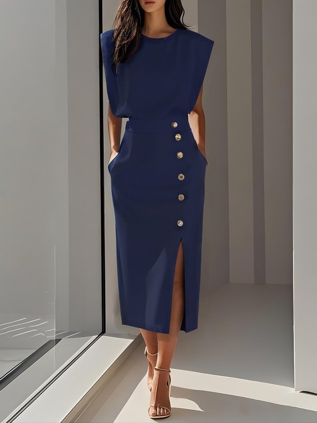 Phoebe | Vestito midi senza maniche da donna con bottoni