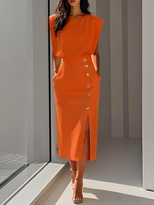 Phoebe | Vestito midi senza maniche da donna con bottoni