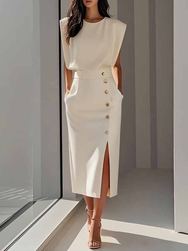 Phoebe | Vestito midi senza maniche da donna con bottoni