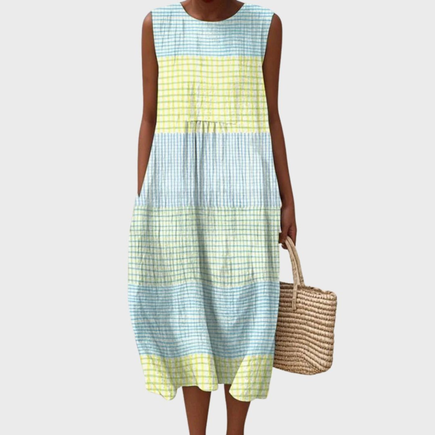 Phoebe | Vestito midi a balze senza maniche in lino a quadri da donna