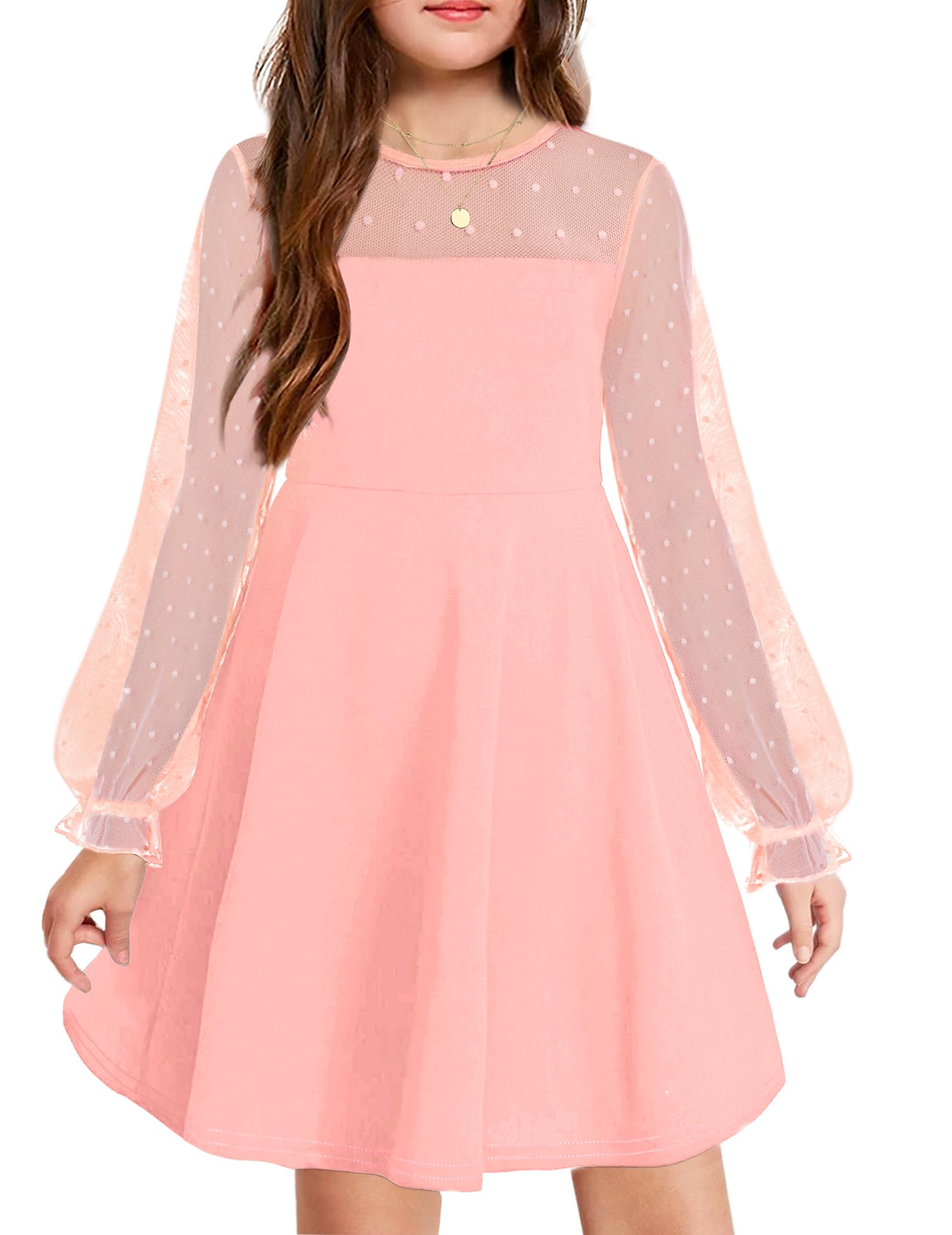 Vestito Aishi per Ragazza – Maniche Lunghe in Mesh, Taglio A-Line e Vita Alta con Tasche