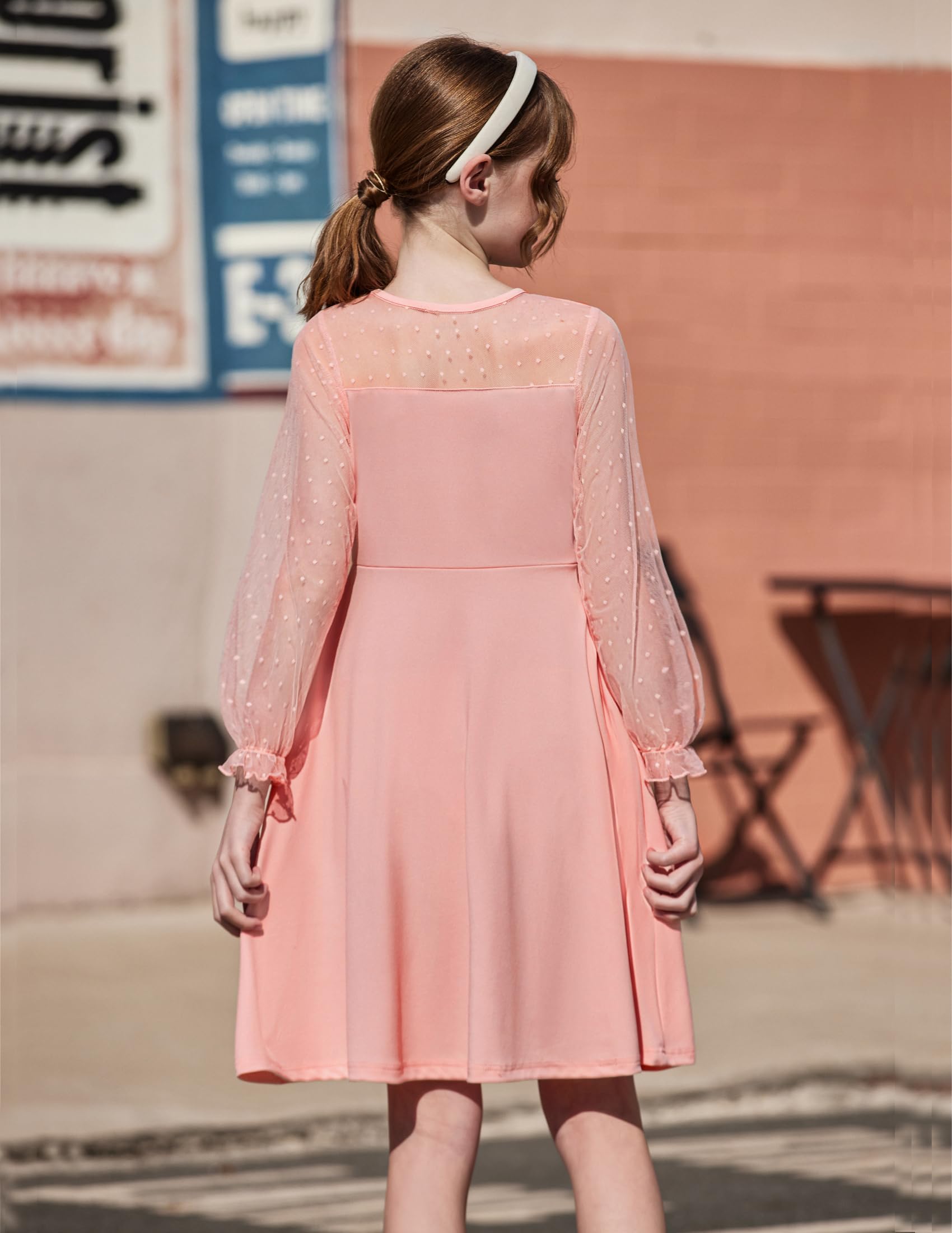 Vestito Aishi per Ragazza – Maniche Lunghe in Mesh, Taglio A-Line e Vita Alta con Tasche
