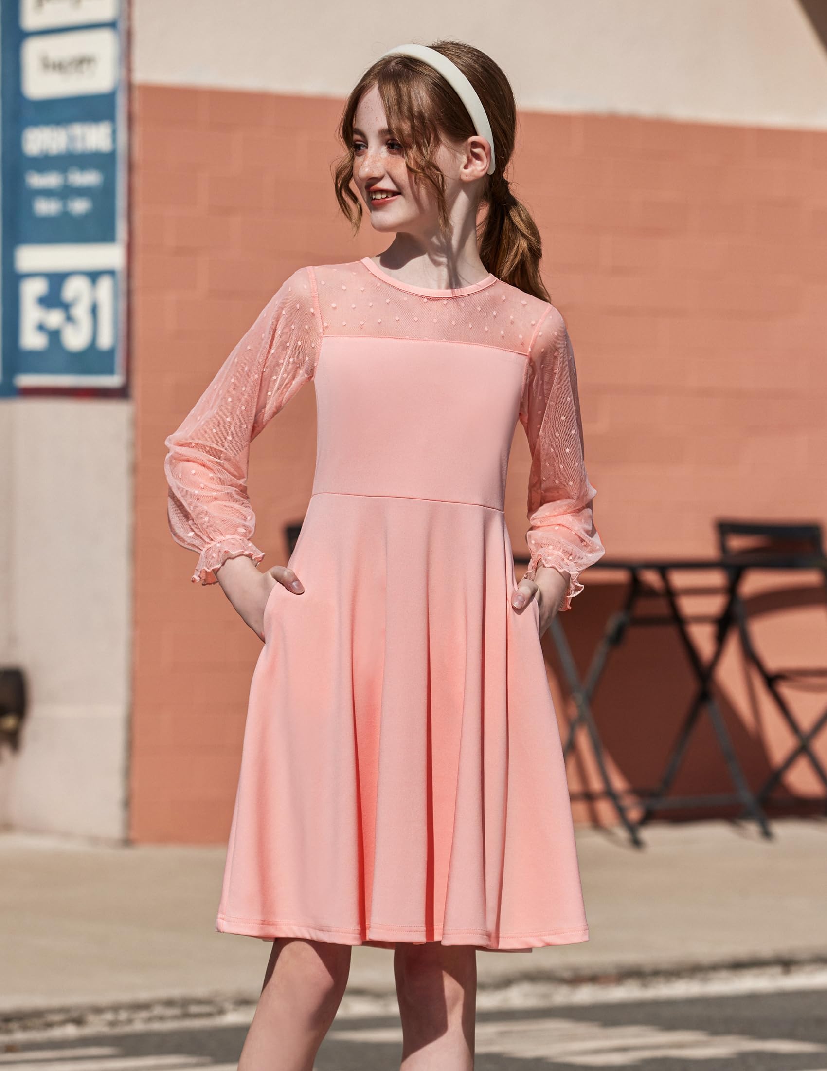 Vestito Aishi per Ragazza – Maniche Lunghe in Mesh, Taglio A-Line e Vita Alta con Tasche