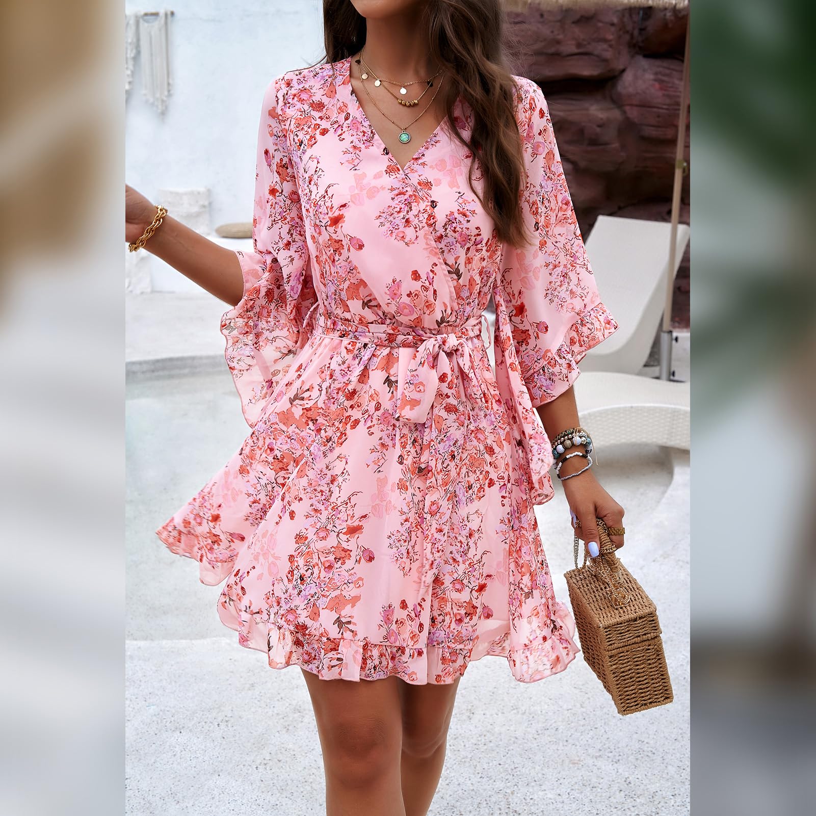 Vestaglia Odessa Donna – Incrocio a V Floreale, Maniche a Campana &amp; Mini in Mussola Elegante