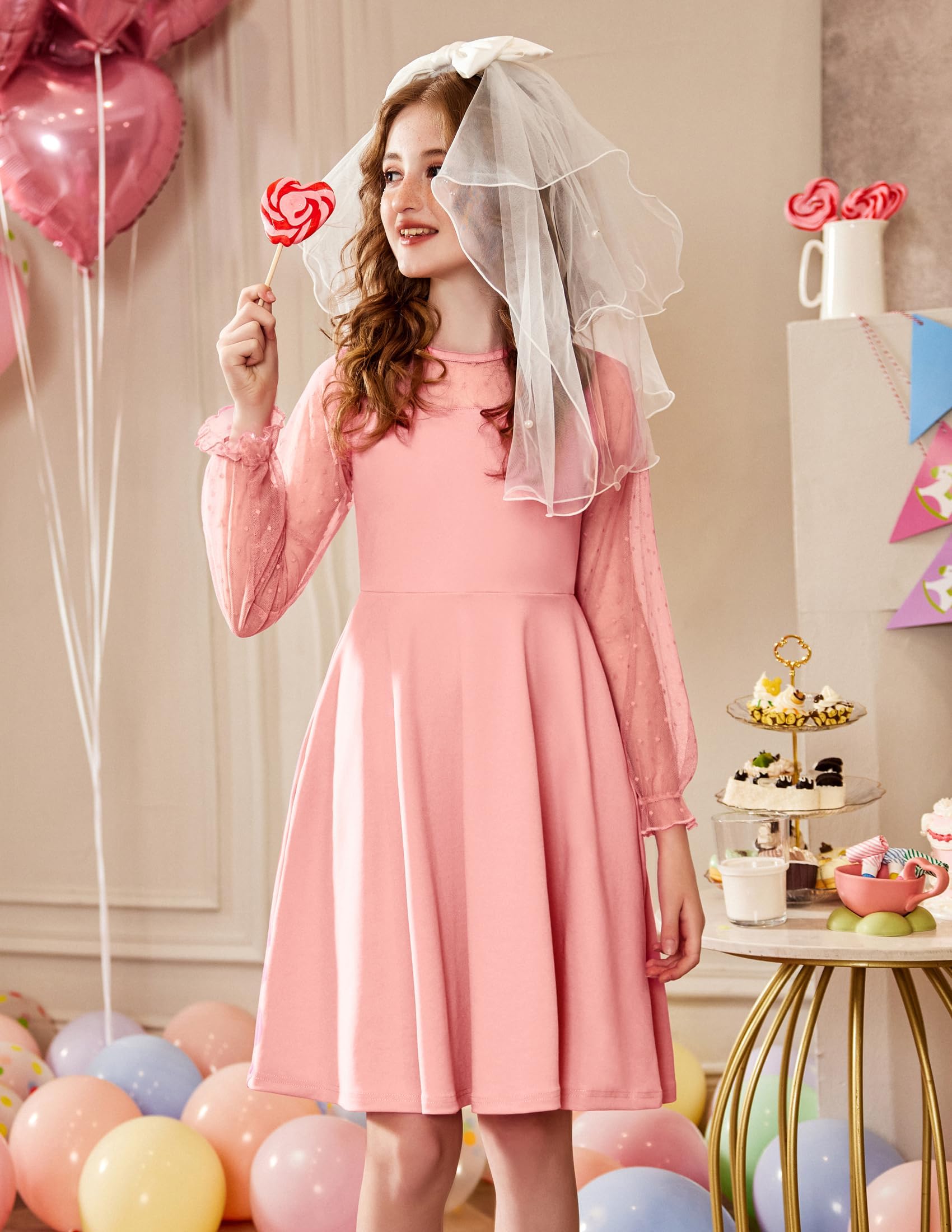 Vestito Aishi per Ragazza – Maniche Lunghe in Mesh, Taglio A-Line e Vita Alta con Tasche
