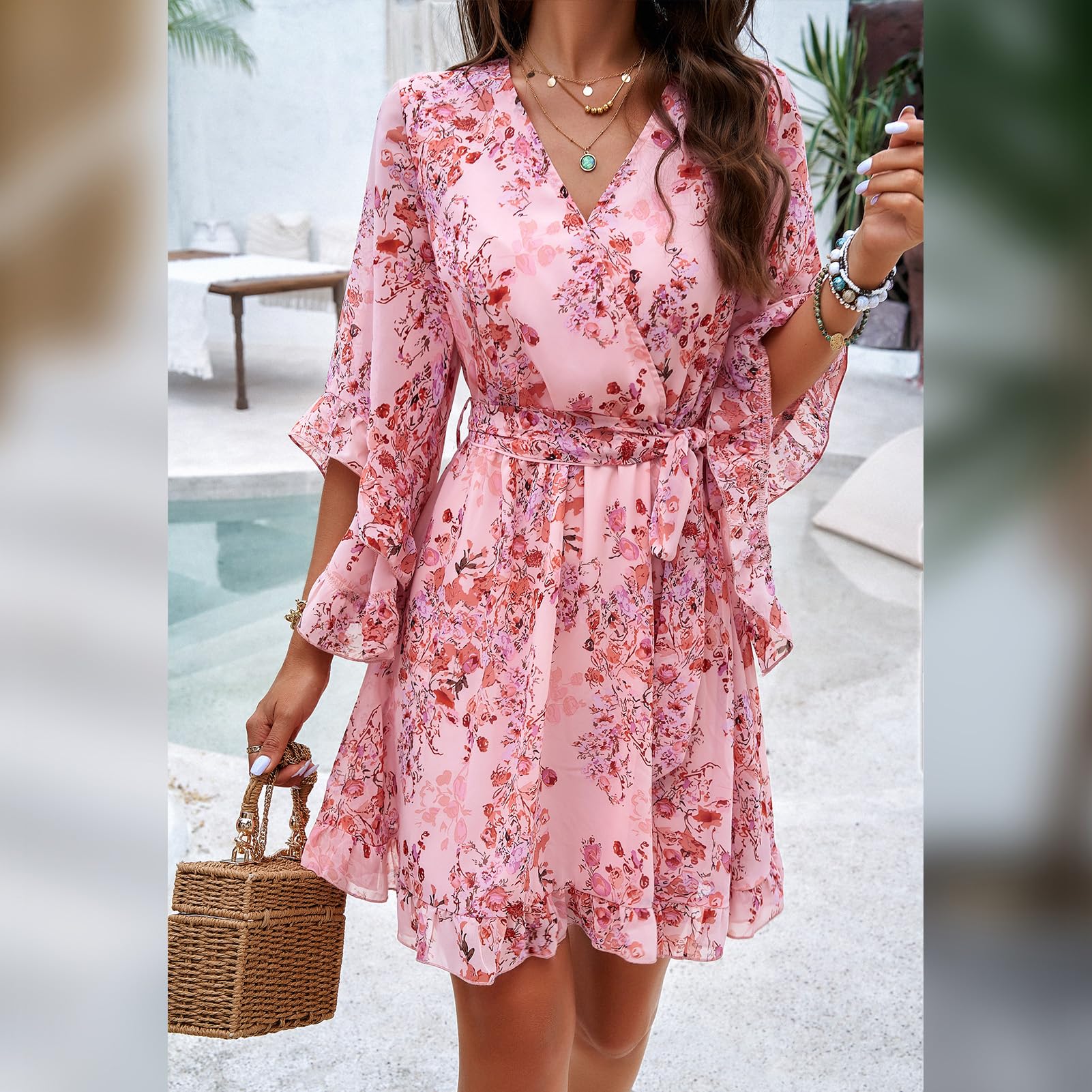 Vestaglia Odessa Donna – Incrocio a V Floreale, Maniche a Campana &amp; Mini in Mussola Elegante