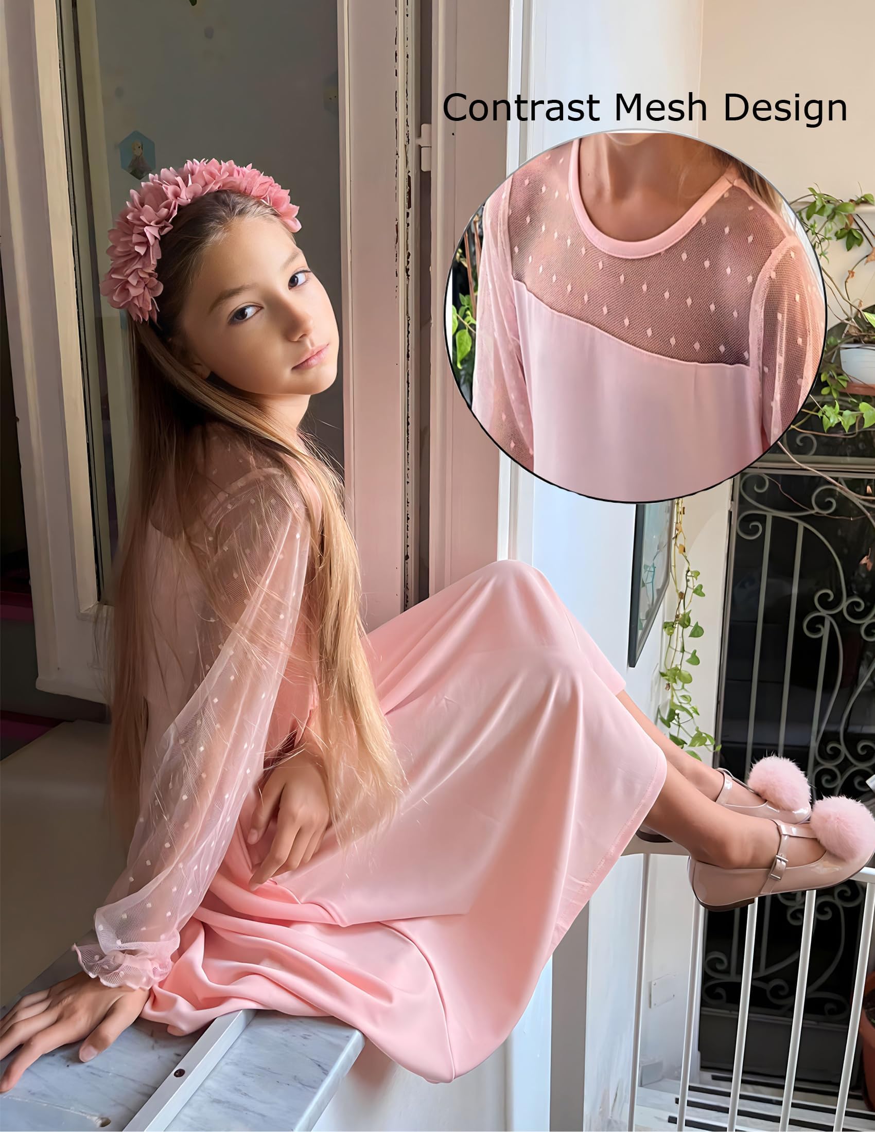 Vestito Aishi per Ragazza – Maniche Lunghe in Mesh, Taglio A-Line e Vita Alta con Tasche