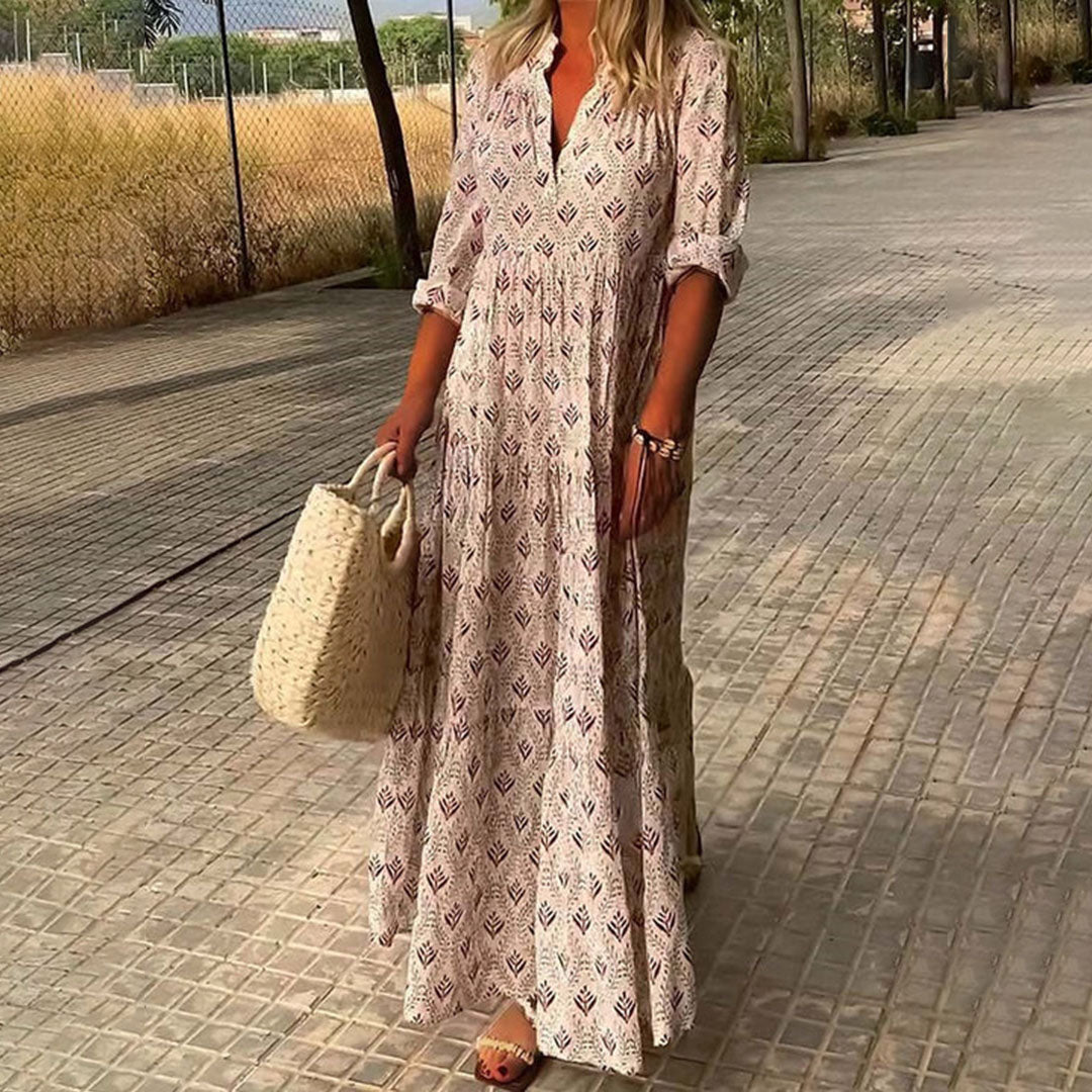 Abito lungo donna in tessuto leggero, scollo a V — vista 5