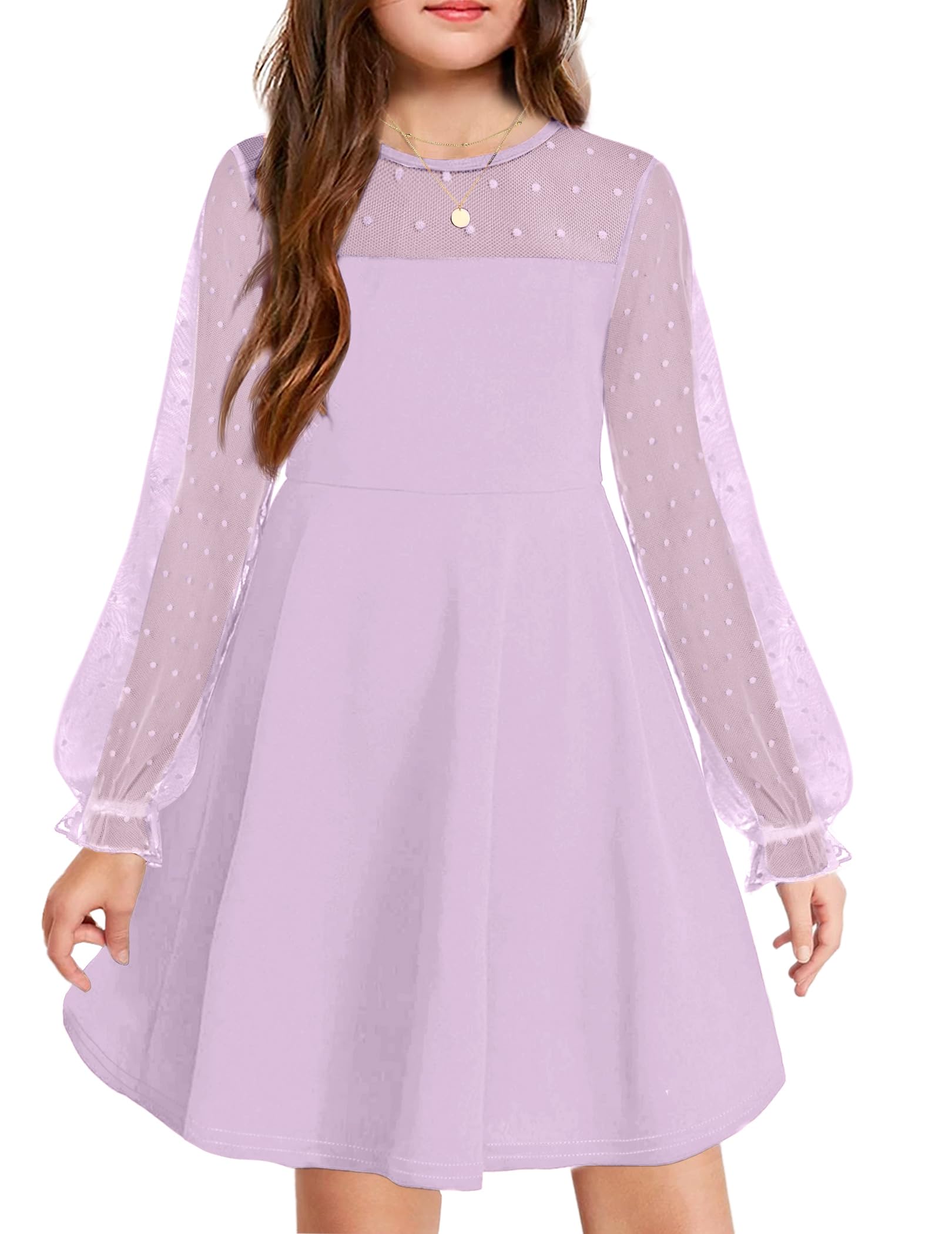 Vestito Aishi per Ragazza – Maniche Lunghe in Mesh, Taglio A-Line e Vita Alta con Tasche