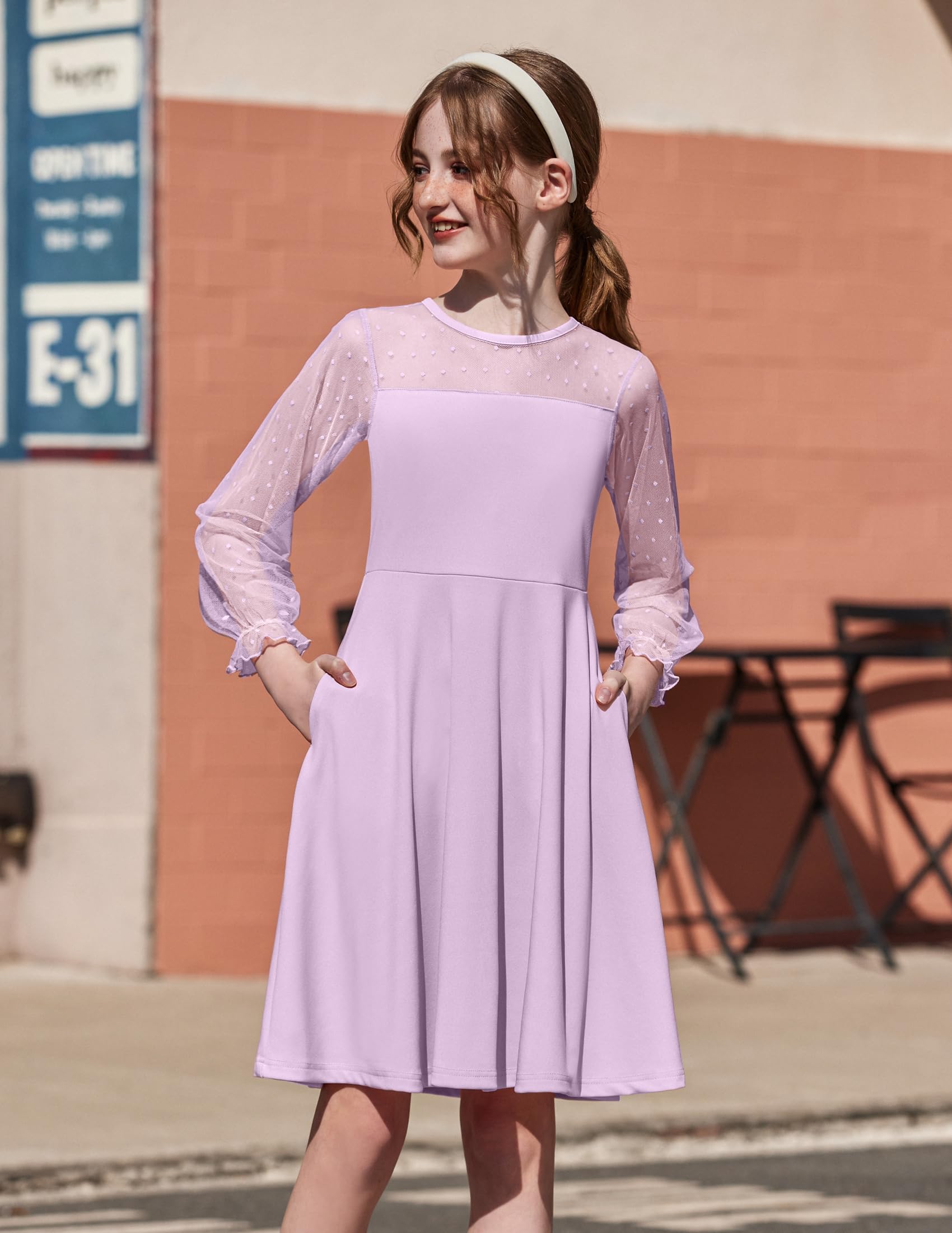 Vestito Aishi per Ragazza – Maniche Lunghe in Mesh, Taglio A-Line e Vita Alta con Tasche