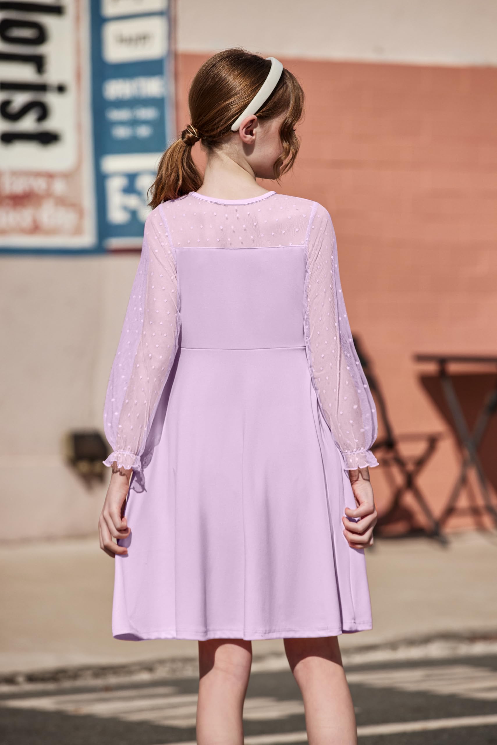 Vestito Aishi per Ragazza – Maniche Lunghe in Mesh, Taglio A-Line e Vita Alta con Tasche