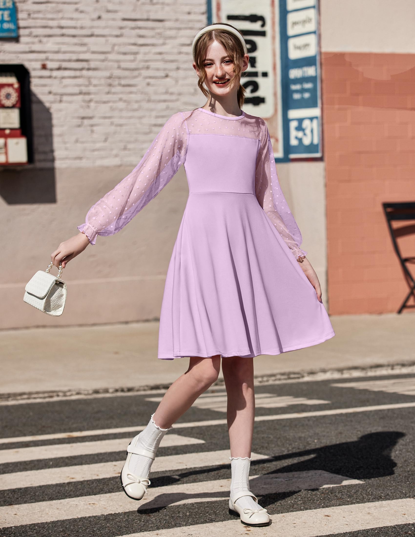 Vestito Aishi per Ragazza – Maniche Lunghe in Mesh, Taglio A-Line e Vita Alta con Tasche