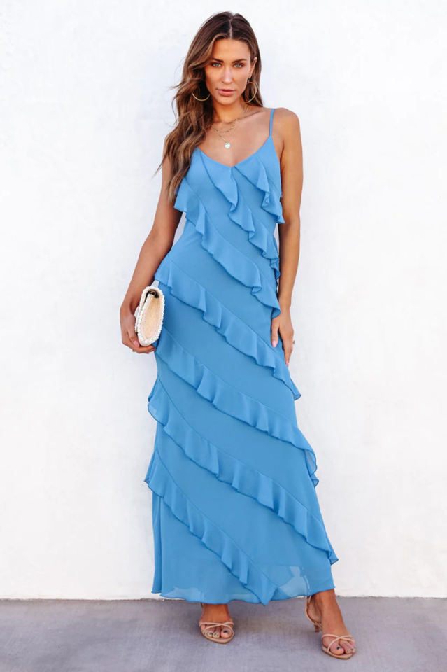 Abito lungo Ashtine - Abito estivo leggero con volant con gonna da pavimento e look da spiaggia
