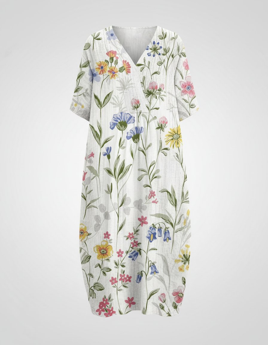 Rosie | Vestito midi da donna in lino floreale con scollo a V