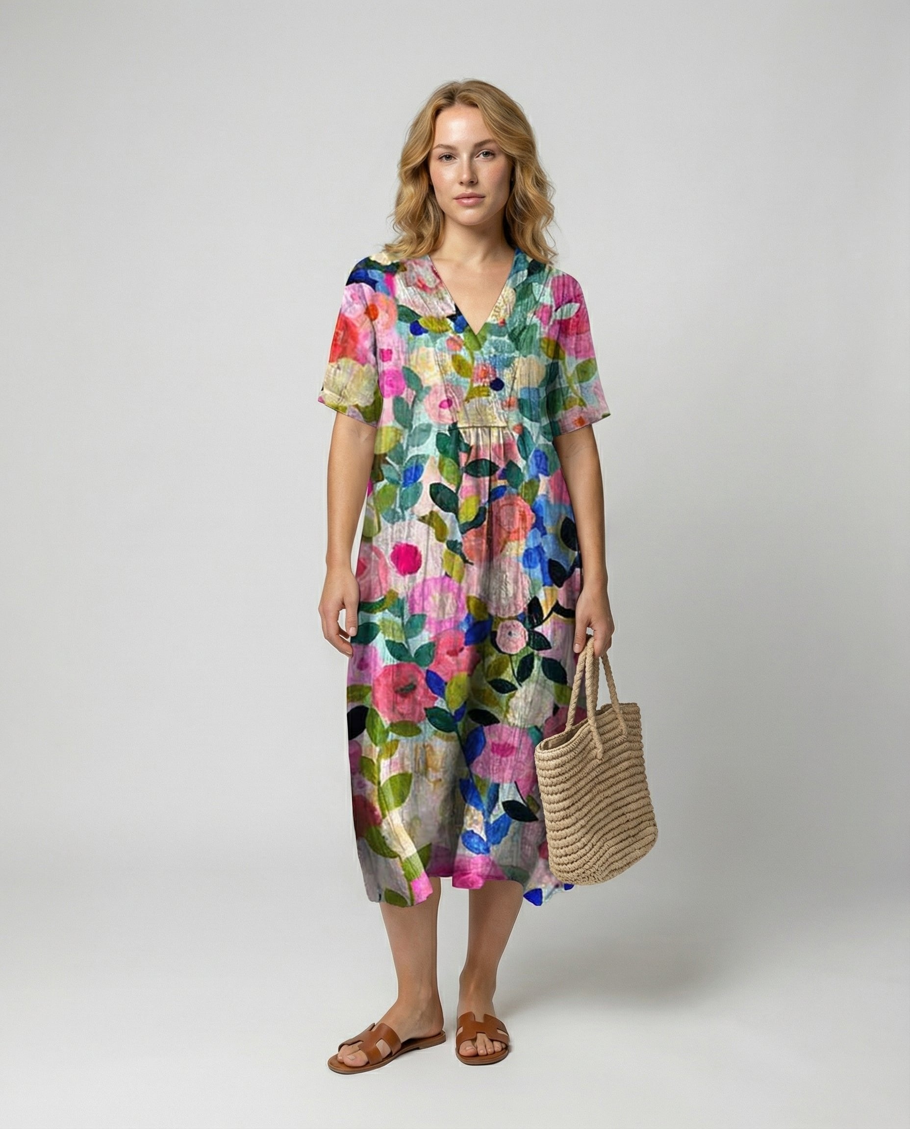 Rosie | Vestito midi da donna in lino floreale con scollo a V