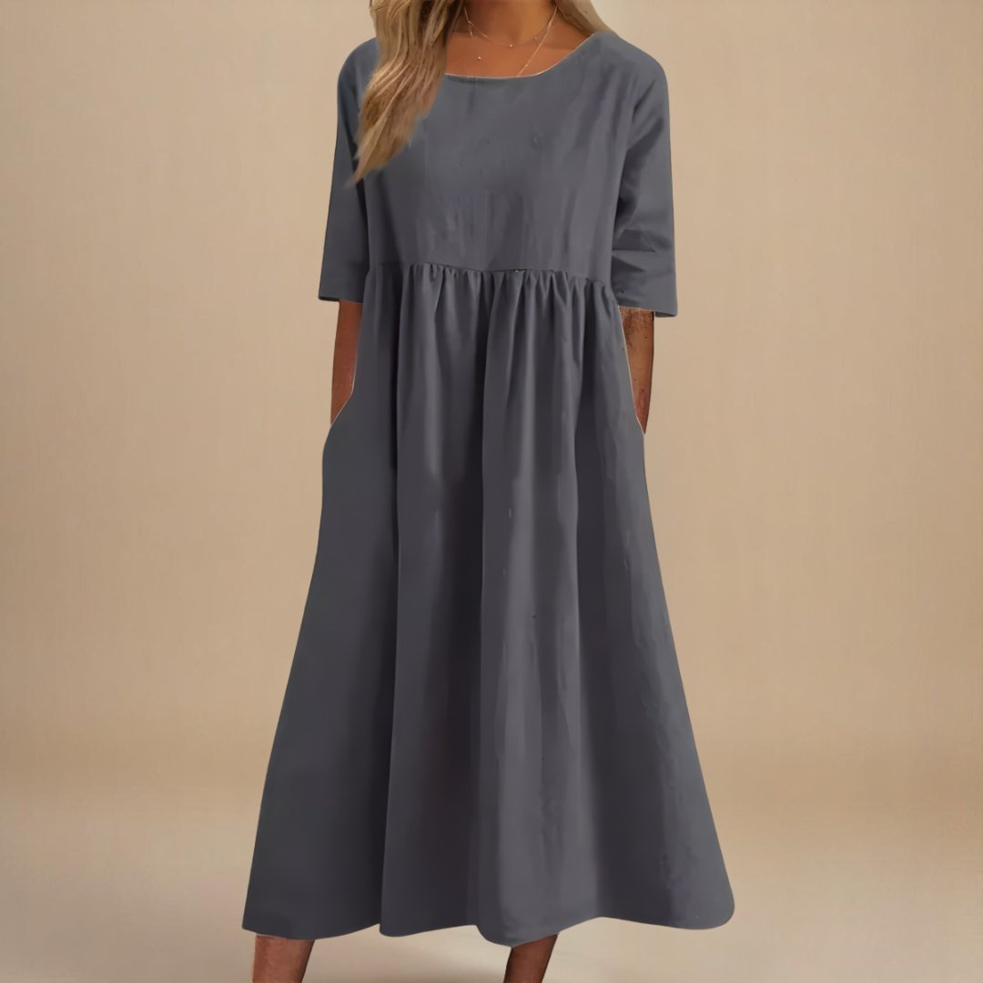 Rosie | Vestito midi da donna in lino con maniche a metà e vita arricciata
