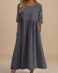 Rosie | Vestito midi da donna in lino con maniche a metà e vita arricciata