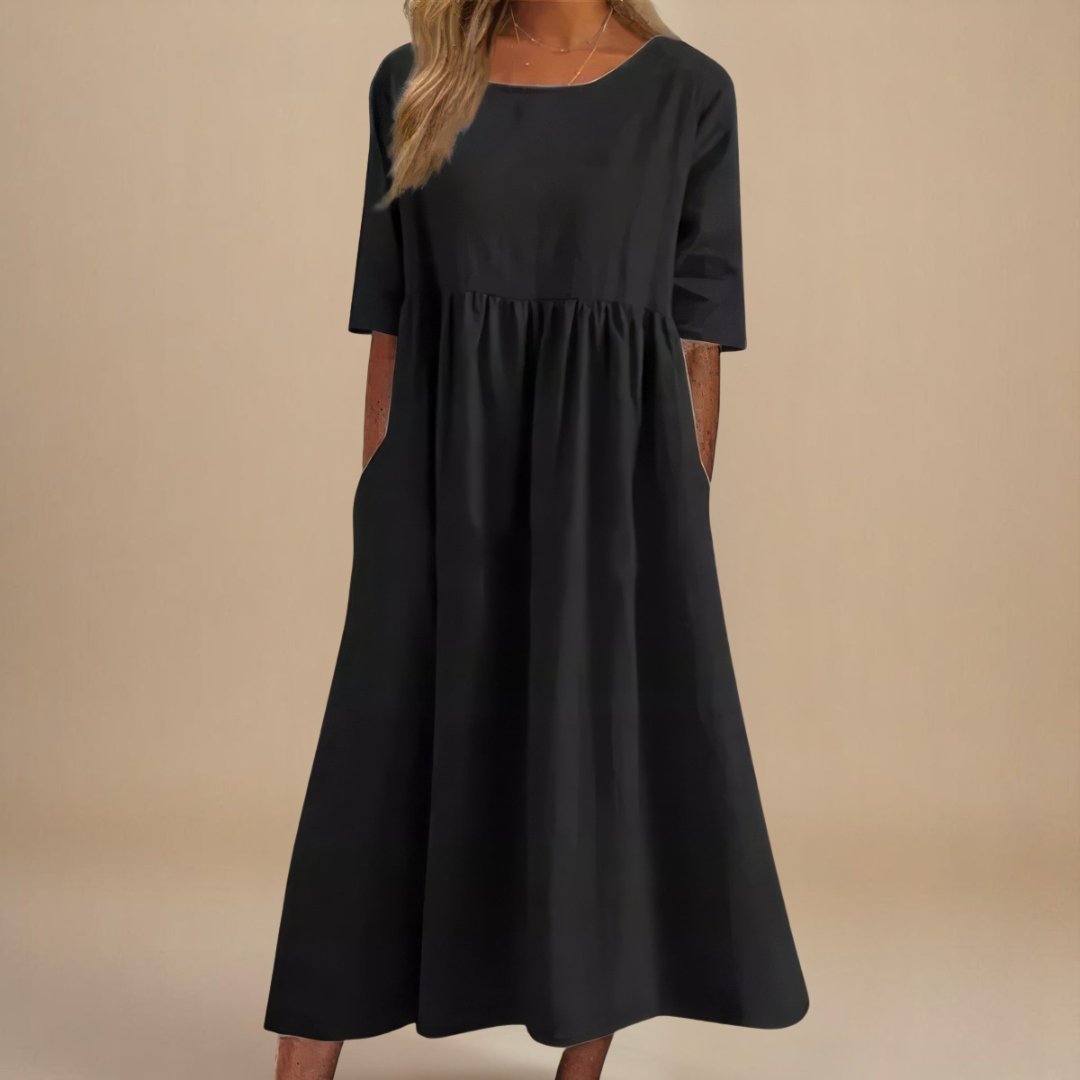 Rosie | Vestito midi da donna in lino con maniche a metà e vita arricciata