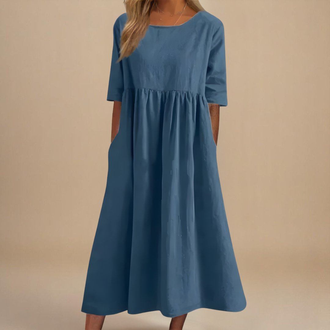 Rosie | Vestito midi da donna in lino con maniche a metà e vita arricciata