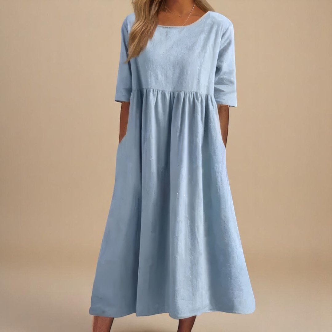 Rosie | Vestito midi da donna in lino con maniche a metà e vita arricciata