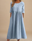 Rosie | Vestito midi da donna in lino con maniche a metà e vita arricciata