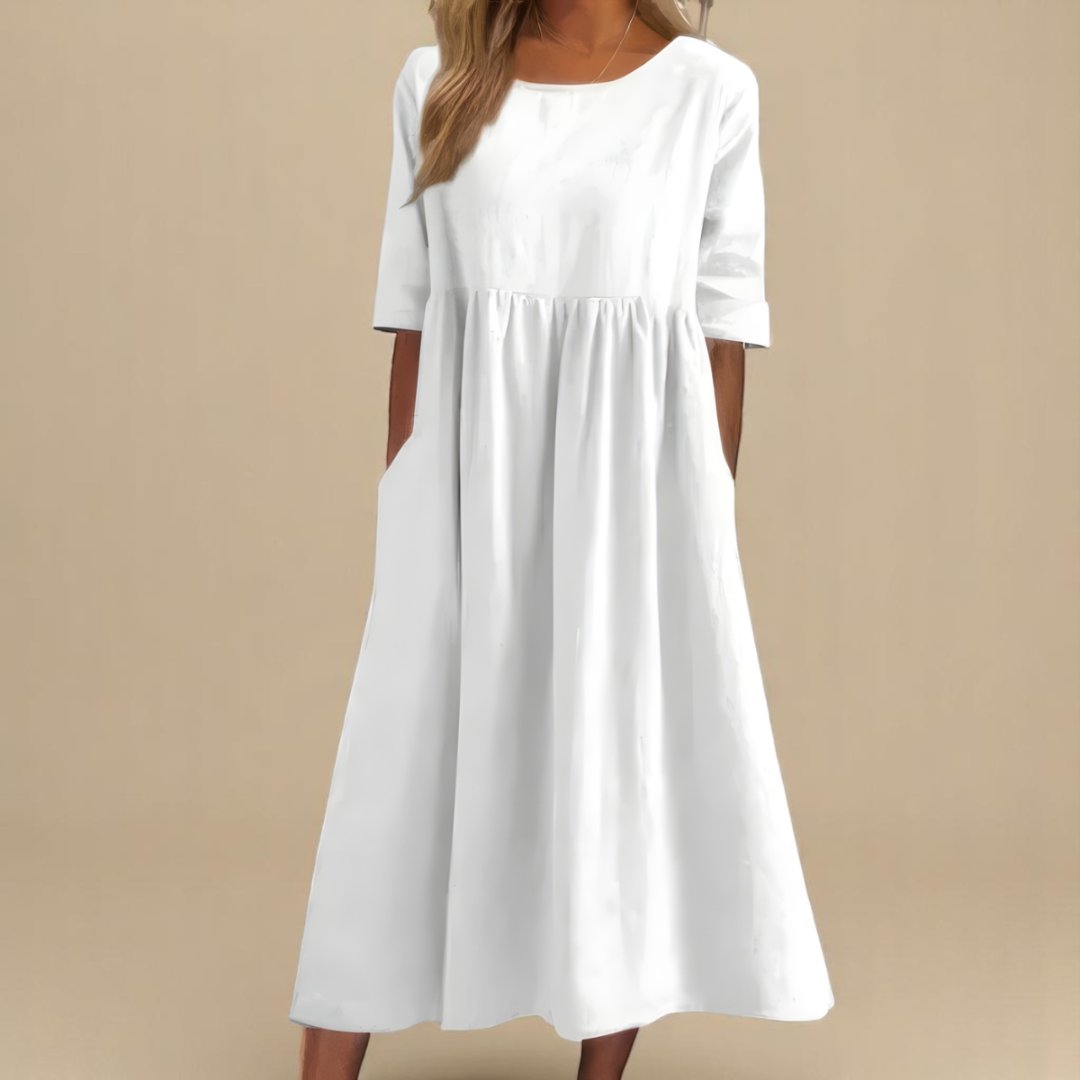 Rosie | Vestito midi da donna in lino con maniche a metà e vita arricciata