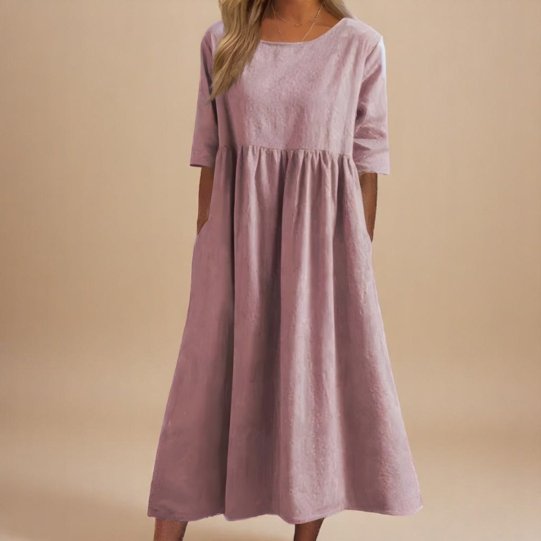 Rosie | Vestito midi da donna in lino con maniche a metà e vita arricciata
