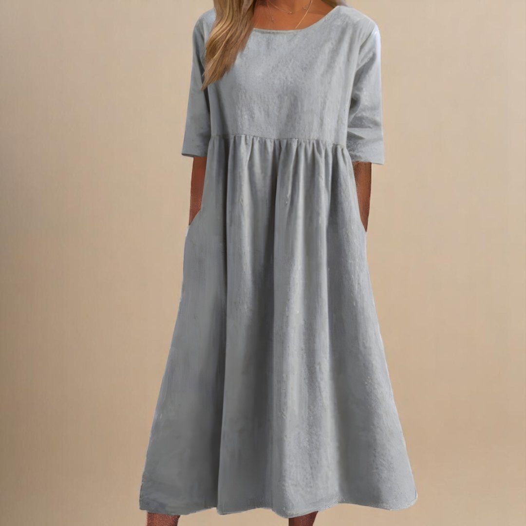 Rosie | Vestito midi da donna in lino con maniche a metà e vita arricciata