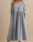 Rosie | Vestito midi da donna in lino con maniche a metà e vita arricciata