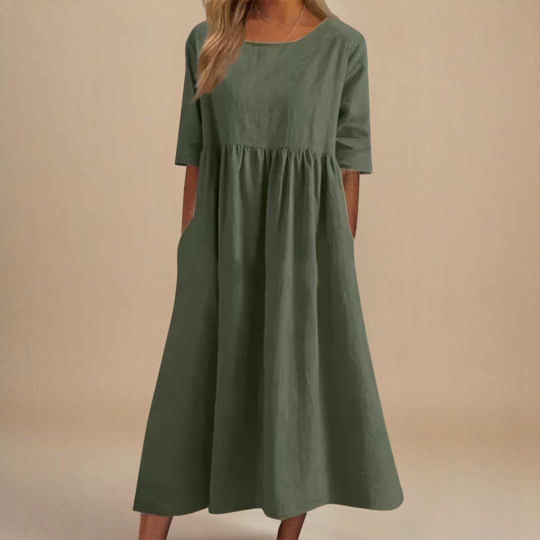 Rosie | Vestito midi da donna in lino con maniche a metà e vita arricciata