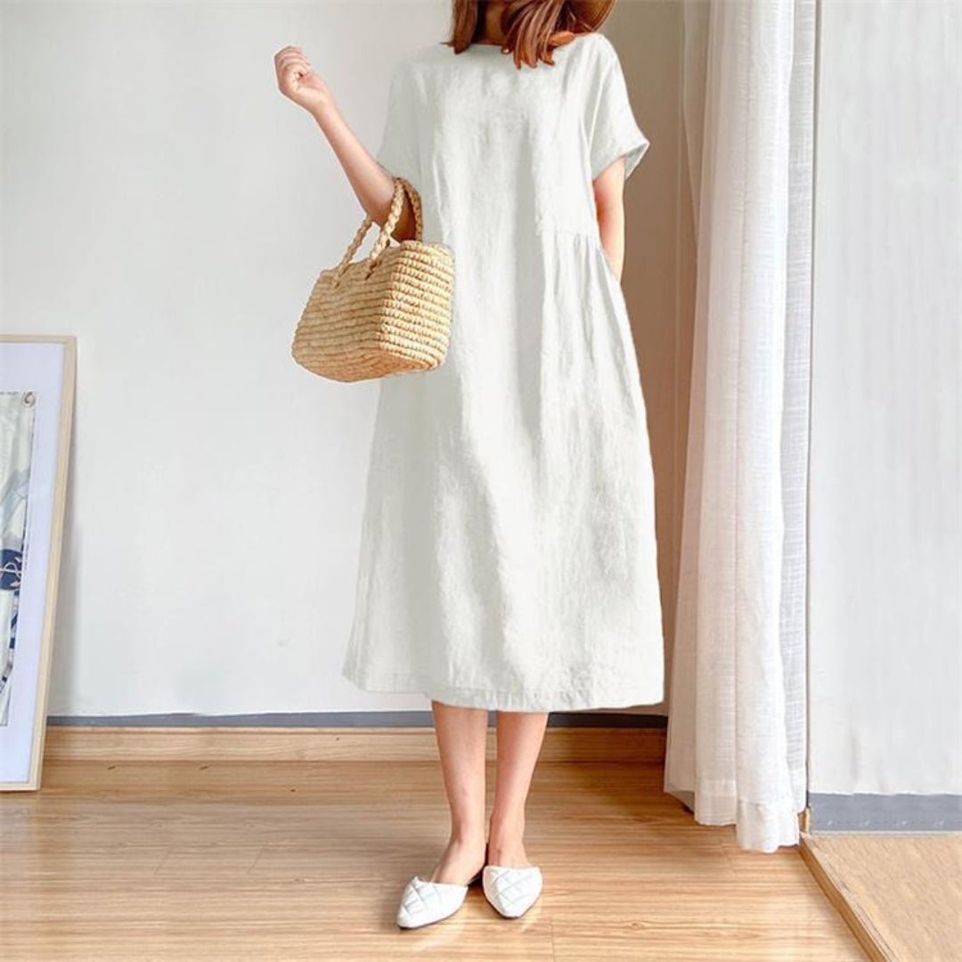 Rosie | Vestito midi estivo da donna in lino con maniche corte