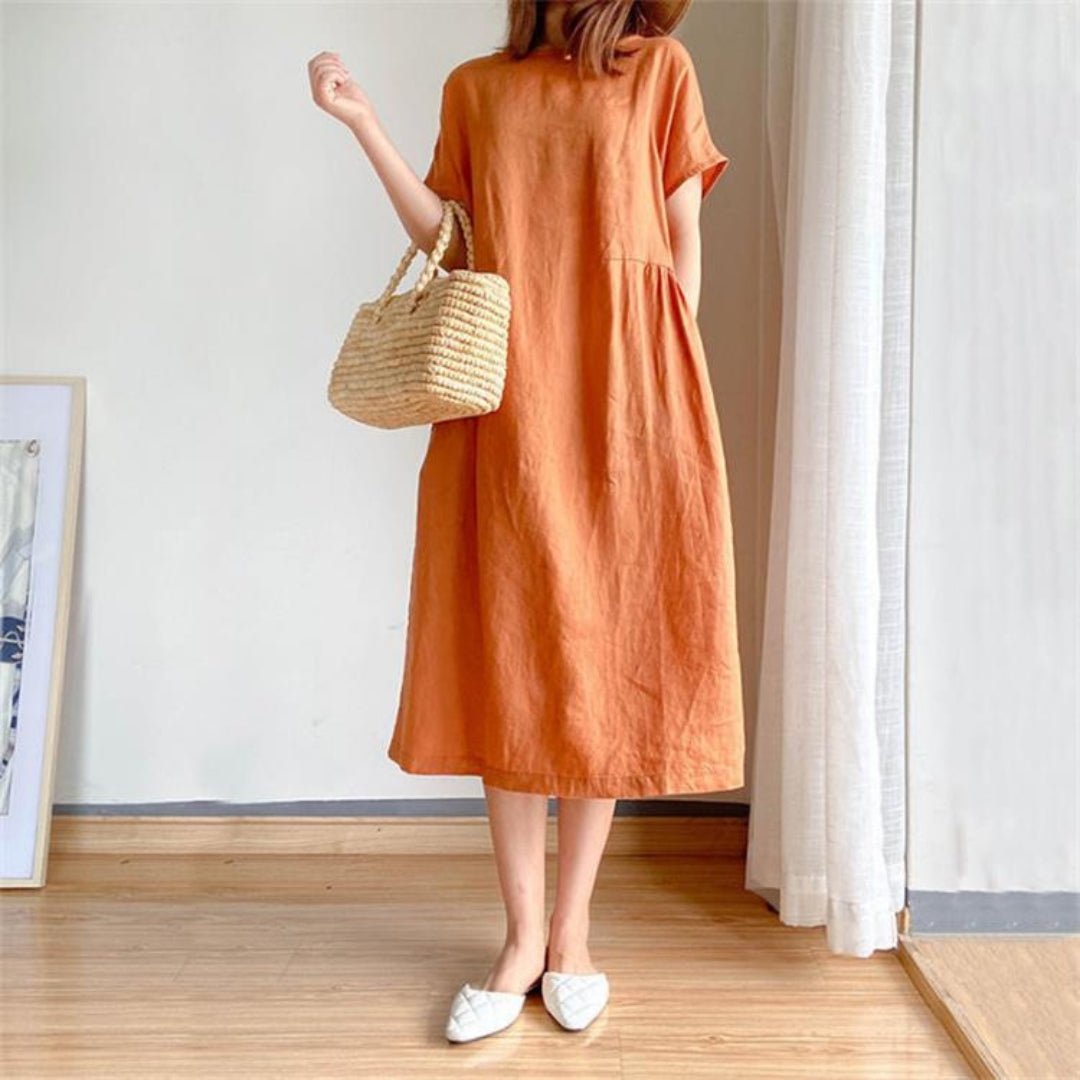 Rosie | Vestito midi estivo da donna in lino con maniche corte