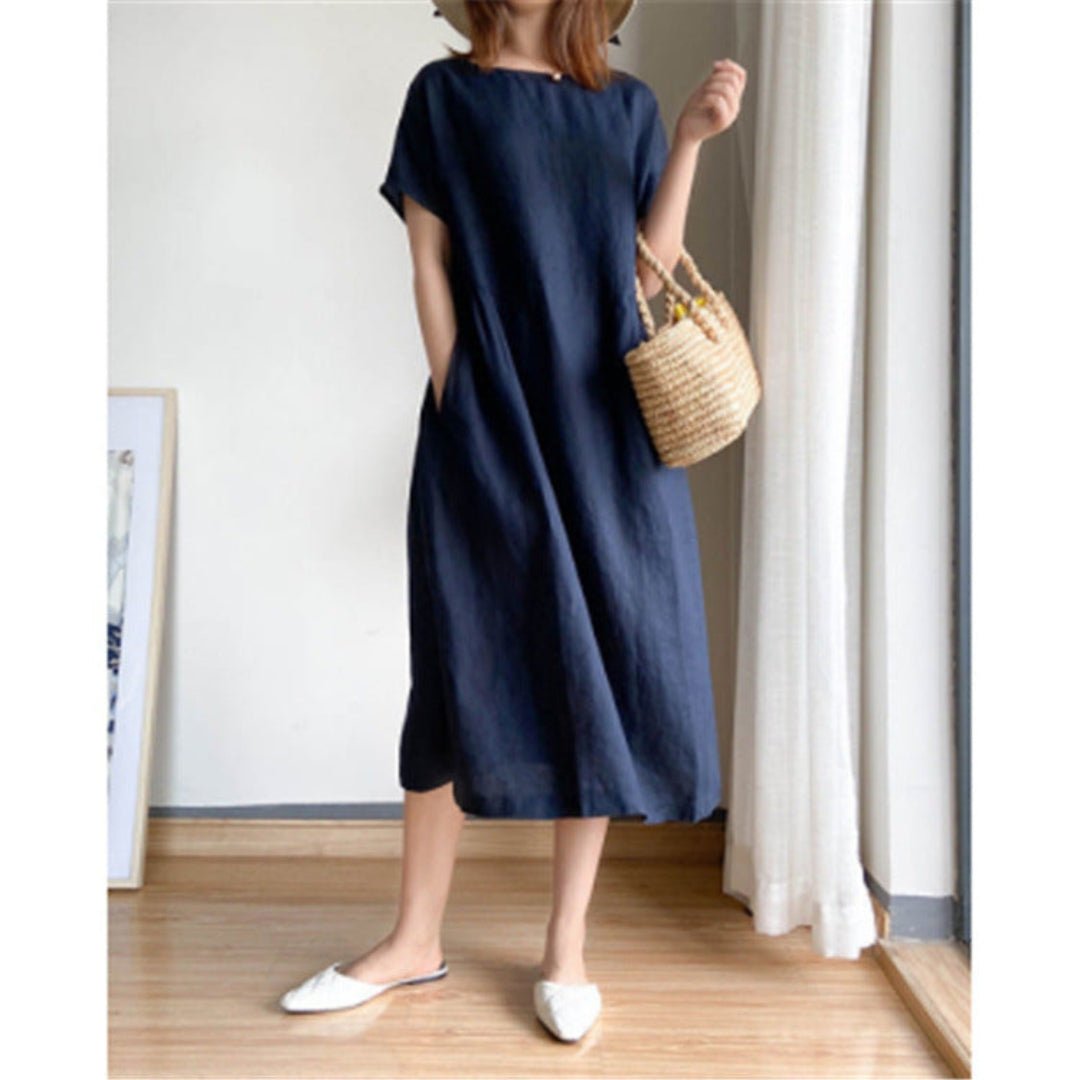 Rosie | Vestito midi estivo da donna in lino con maniche corte