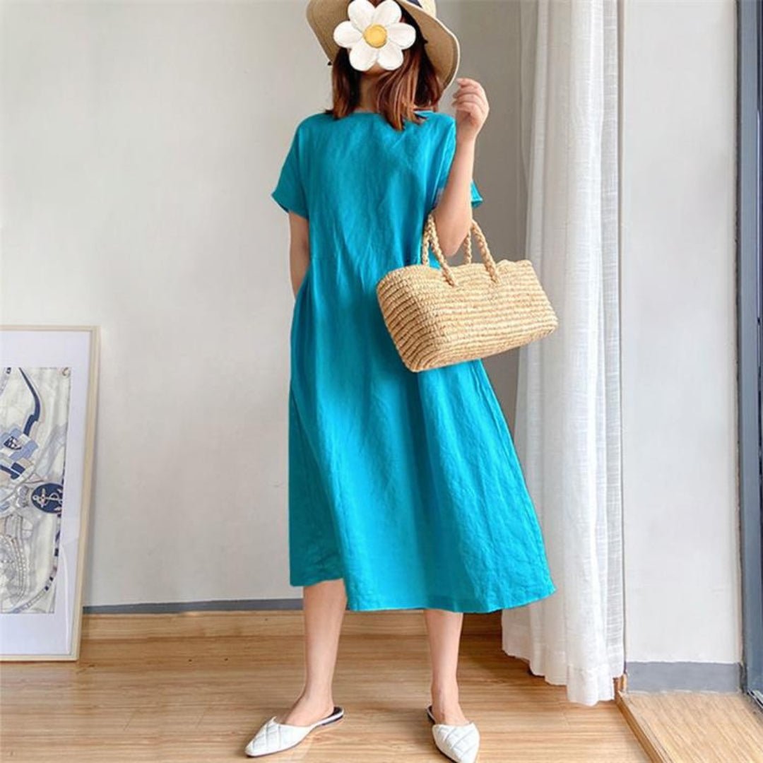 Rosie | Vestito midi estivo da donna in lino con maniche corte