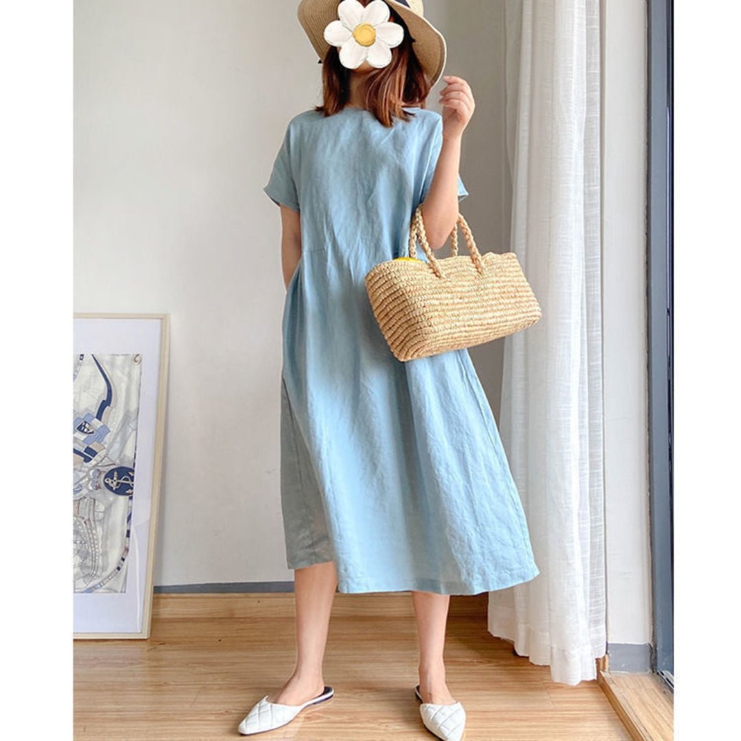 Rosie | Vestito midi estivo da donna in lino con maniche corte