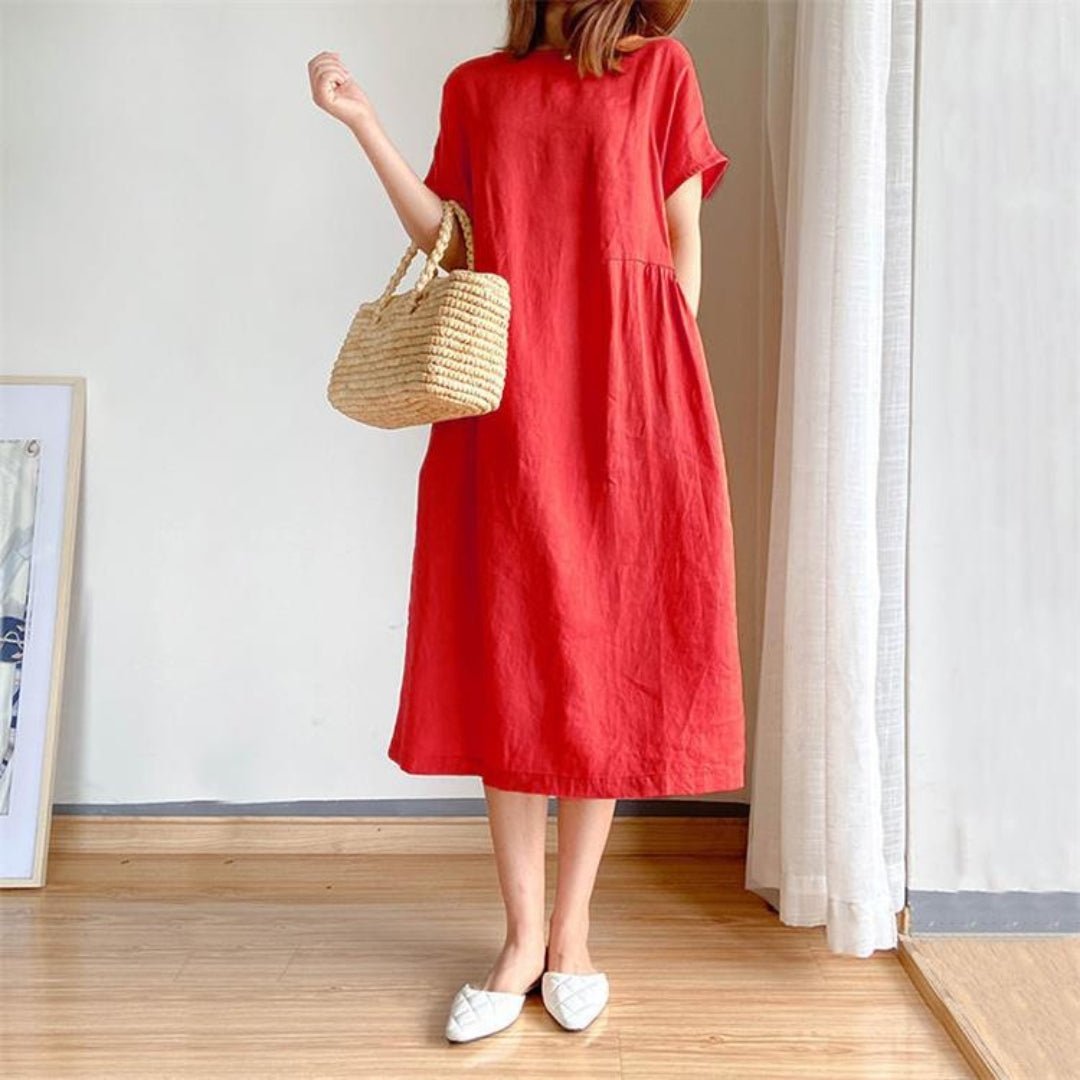 Rosie | Vestito midi estivo da donna in lino con maniche corte