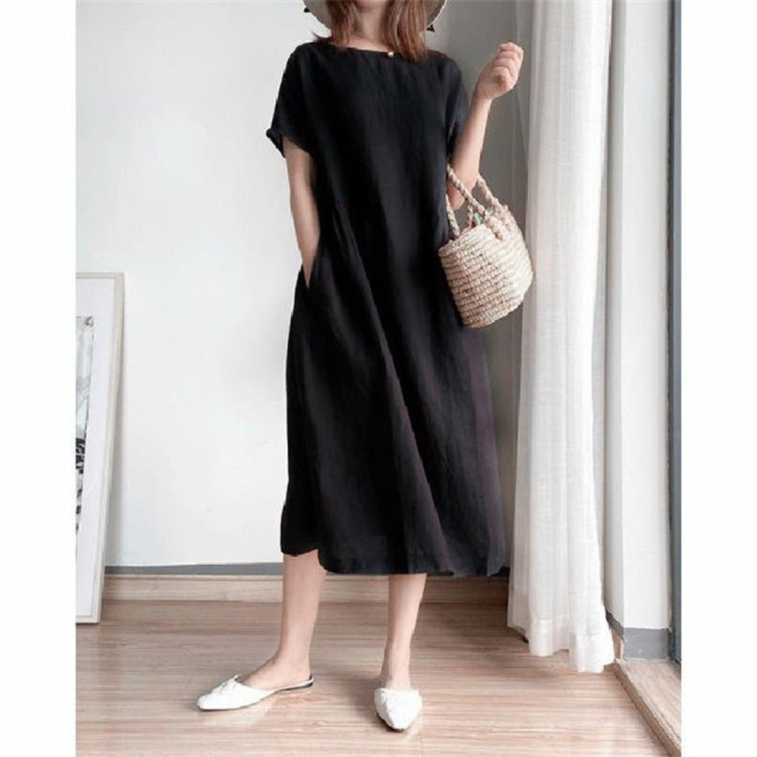 Rosie | Vestito midi estivo da donna in lino con maniche corte
