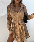 Abito mini camicia donna in pizzo – abbottonato, con cintura, taglio a trapezio