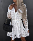 Abito mini camicia donna in pizzo – abbottonato, con cintura, taglio a trapezio