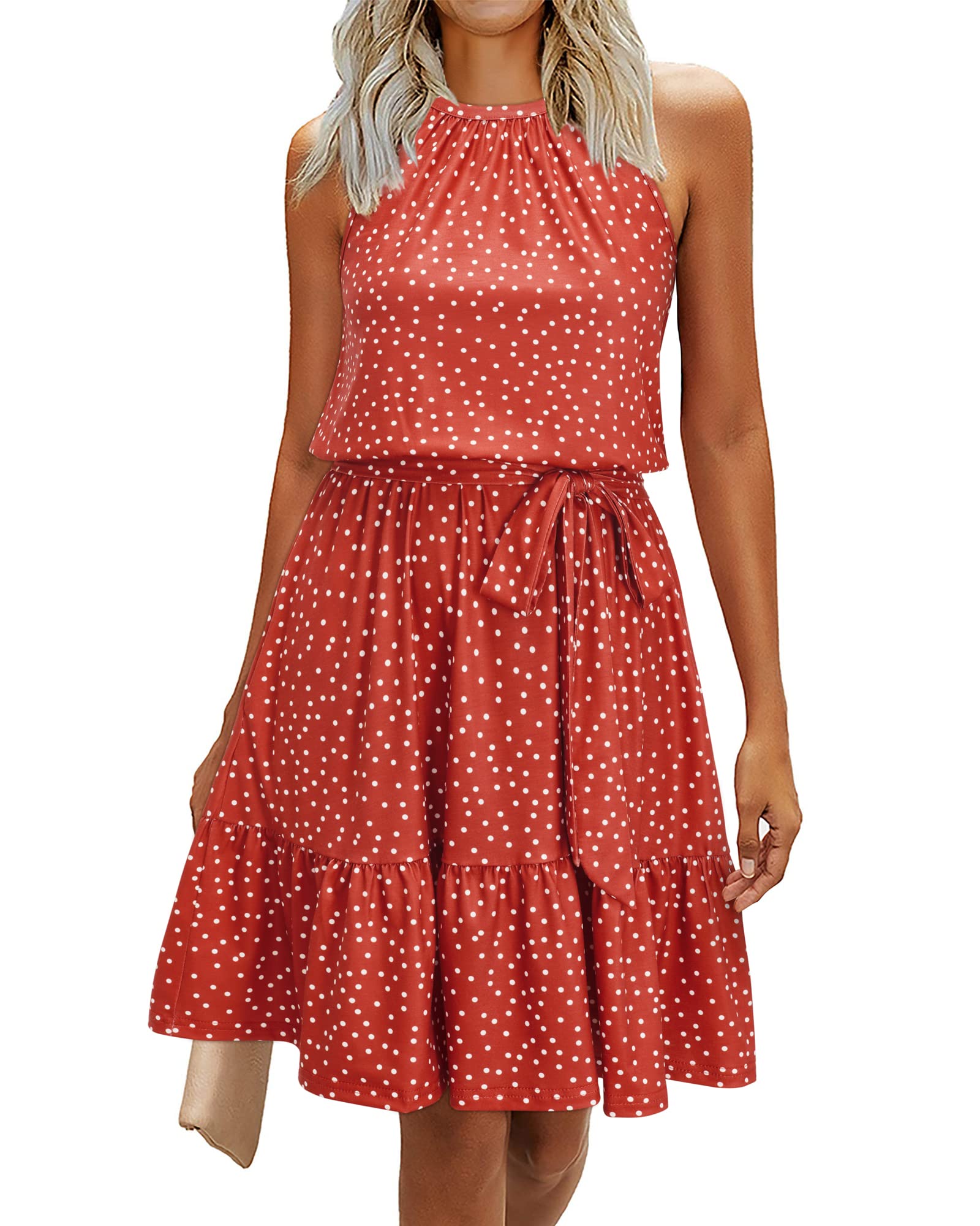 Abito rosa da donna – Collo halter senza maniche, taglio a linea A midi e cintura con tasche