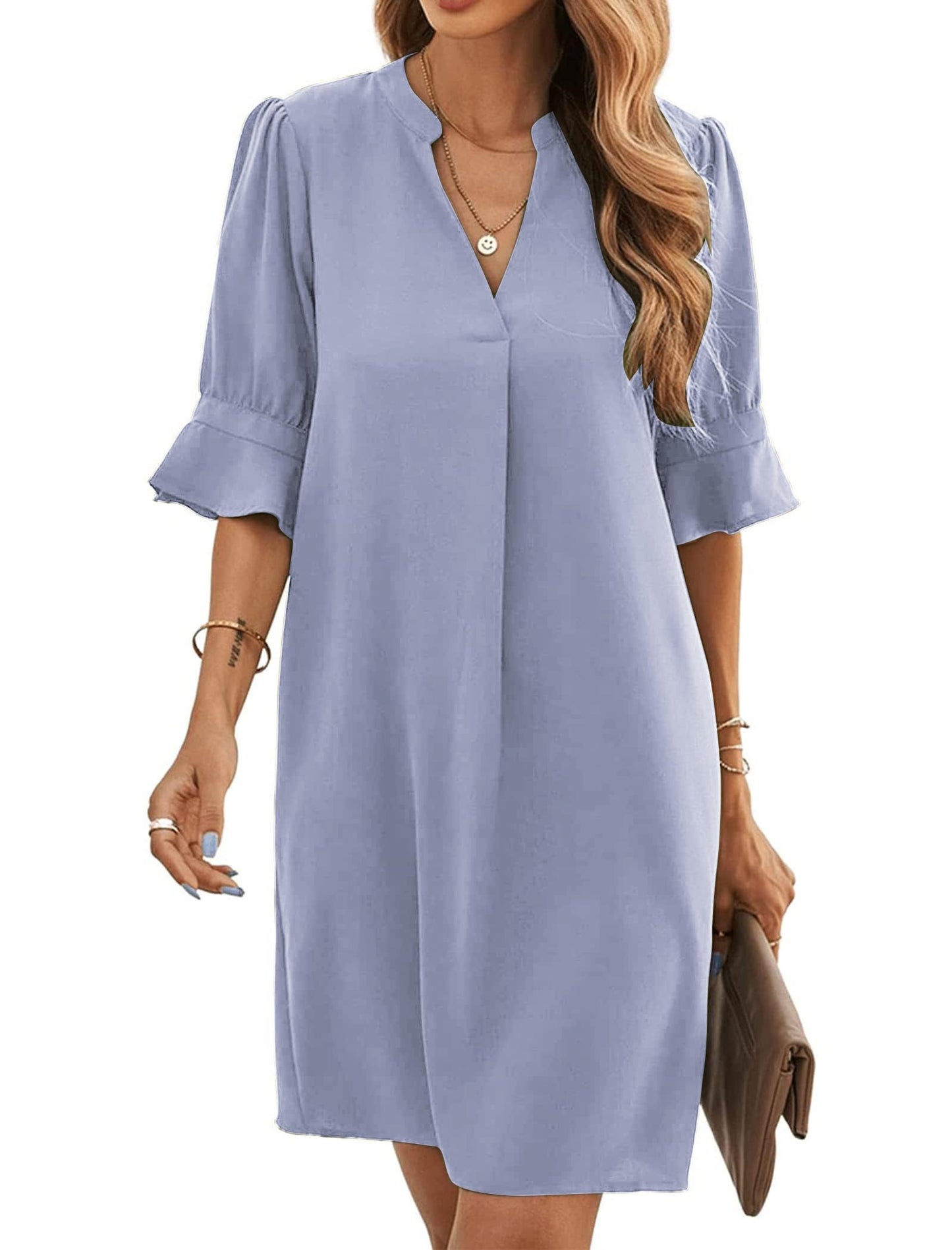 Bibiana Vestito Donna – Scollo a V Maniche Corte, Taglio Dritto Mini Fluido Tinta Unita Estate