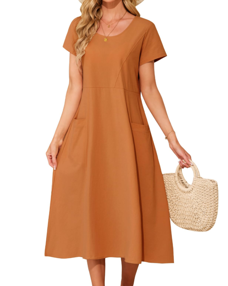 Vestito Maxi Sussie Donna Cotone – Vestito Estivo Girocollo, Taglio Ampio e Tasche Comode