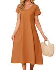 Vestito Maxi Sussie Donna Cotone – Vestito Estivo Girocollo, Taglio Ampio e Tasche Comode