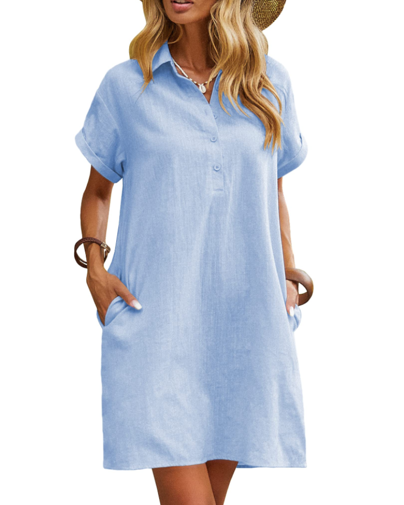 Vestito Raine da Donna – Abito in Lino e Cotone, Lunghezza Media, Scollo a V, Con Bottoni, Tasche, Casual Chic, Estate