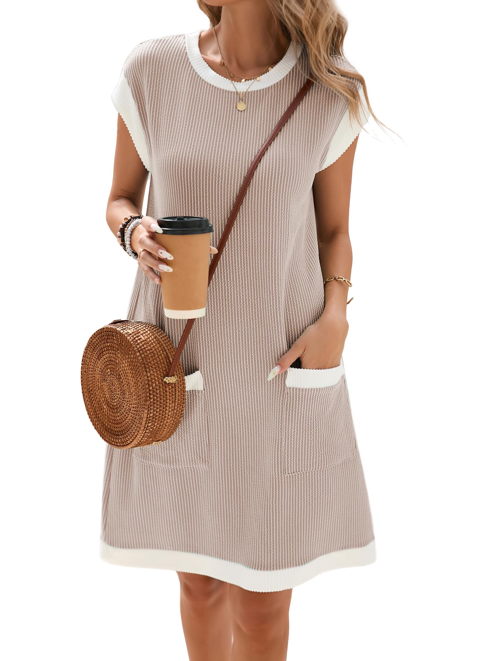 Vestaglia Donna Winnie – Girocollo Color Block, Maniche Corte e Taglio Ampio Mini con Tasche Estate