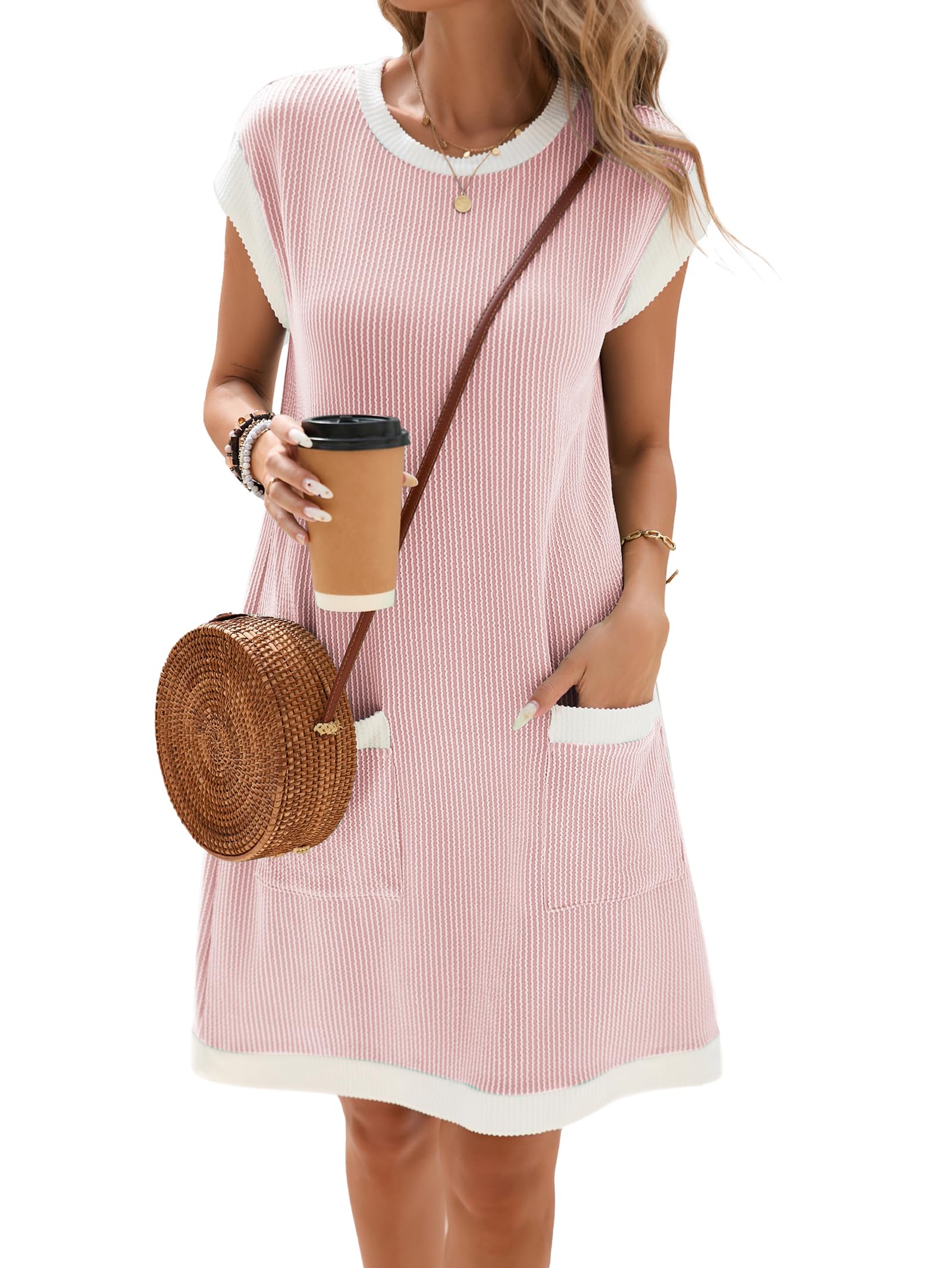 Vestaglia Donna Winnie – Girocollo Color Block, Maniche Corte e Taglio Ampio Mini con Tasche Estate